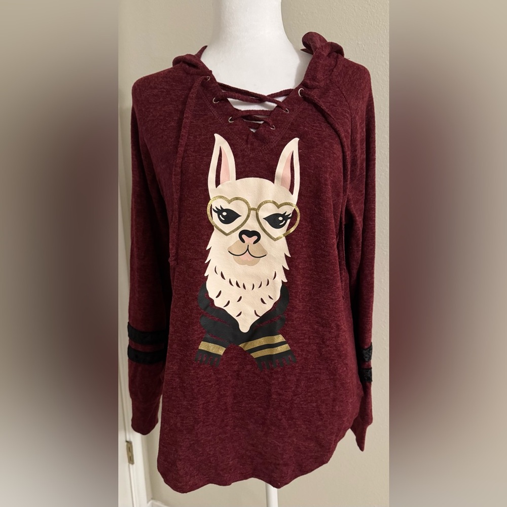 NWOT No Boundaries Burgundy Hoodie with Llama Design